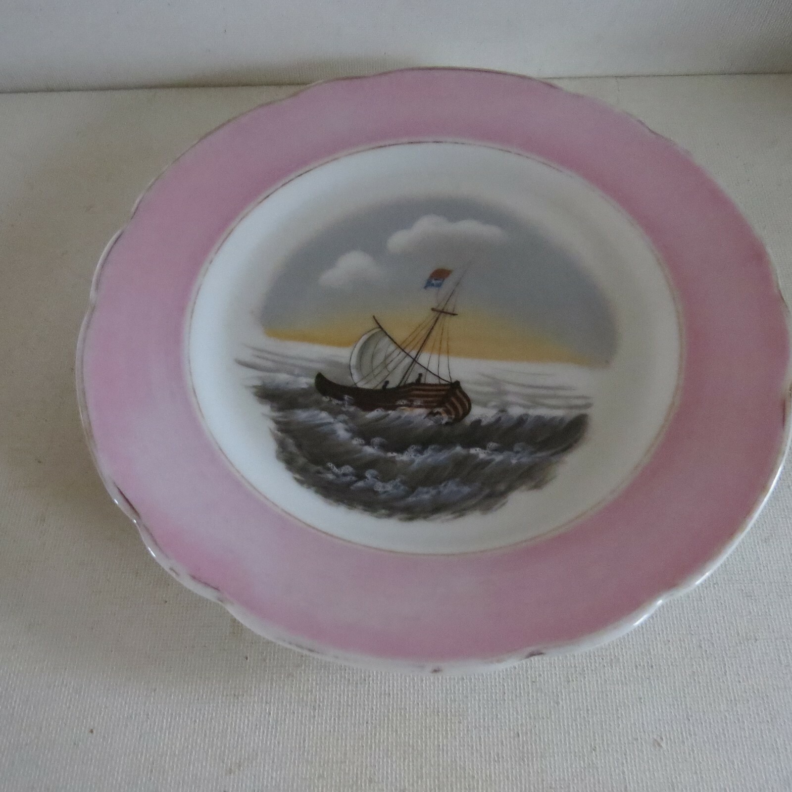 Vintage Collectors PLATE with SAILBOAT~PINK & Silver Trim~ 8"