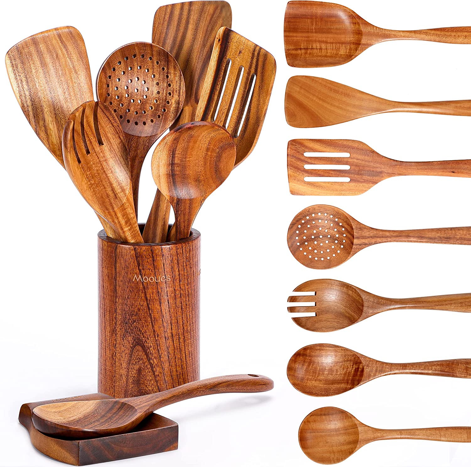 9 Piece Natural Teak Wooden Kitchen Utensil Set with Spoon Rest - Comfort Grip C