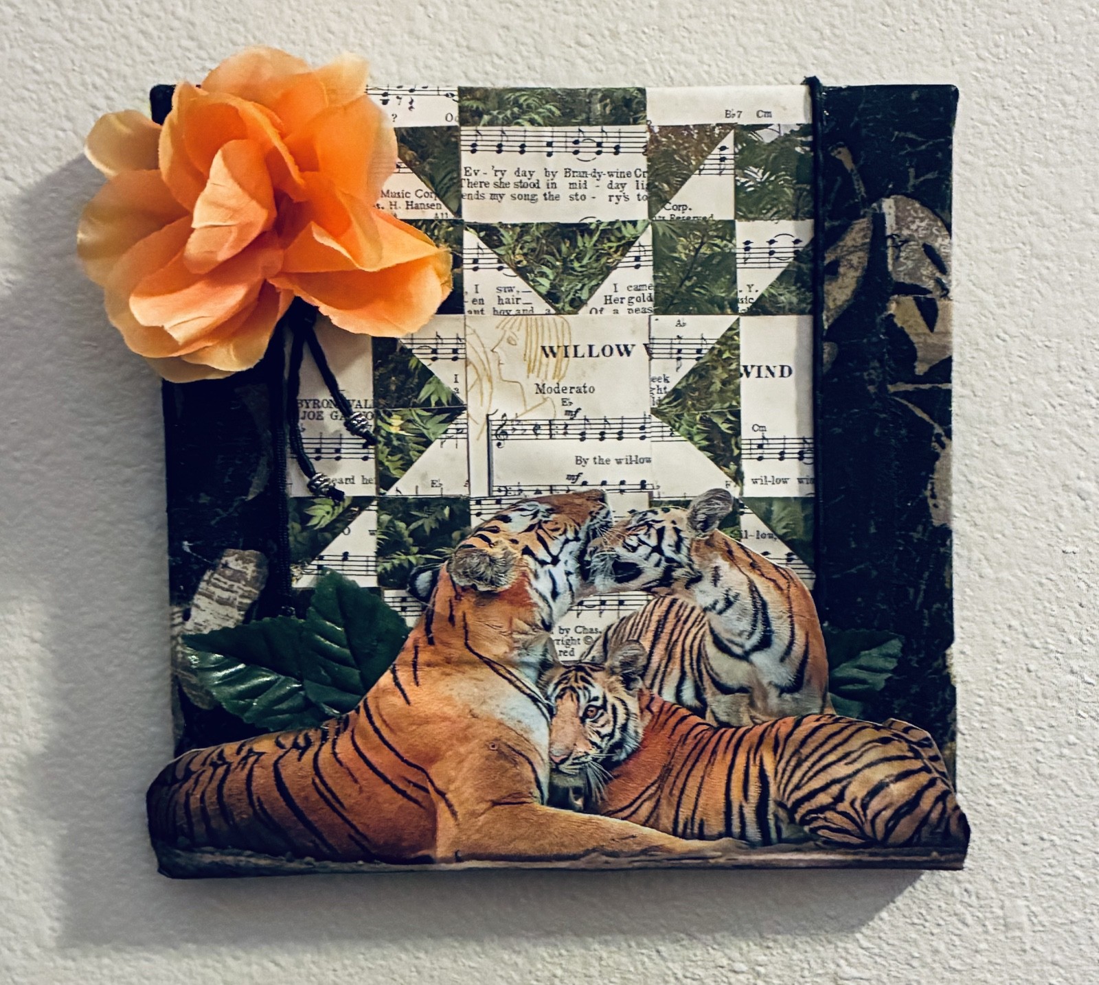 Folk Art Mixed Media Paper Collage Amish Star Quilt Pattern w/ Tigers