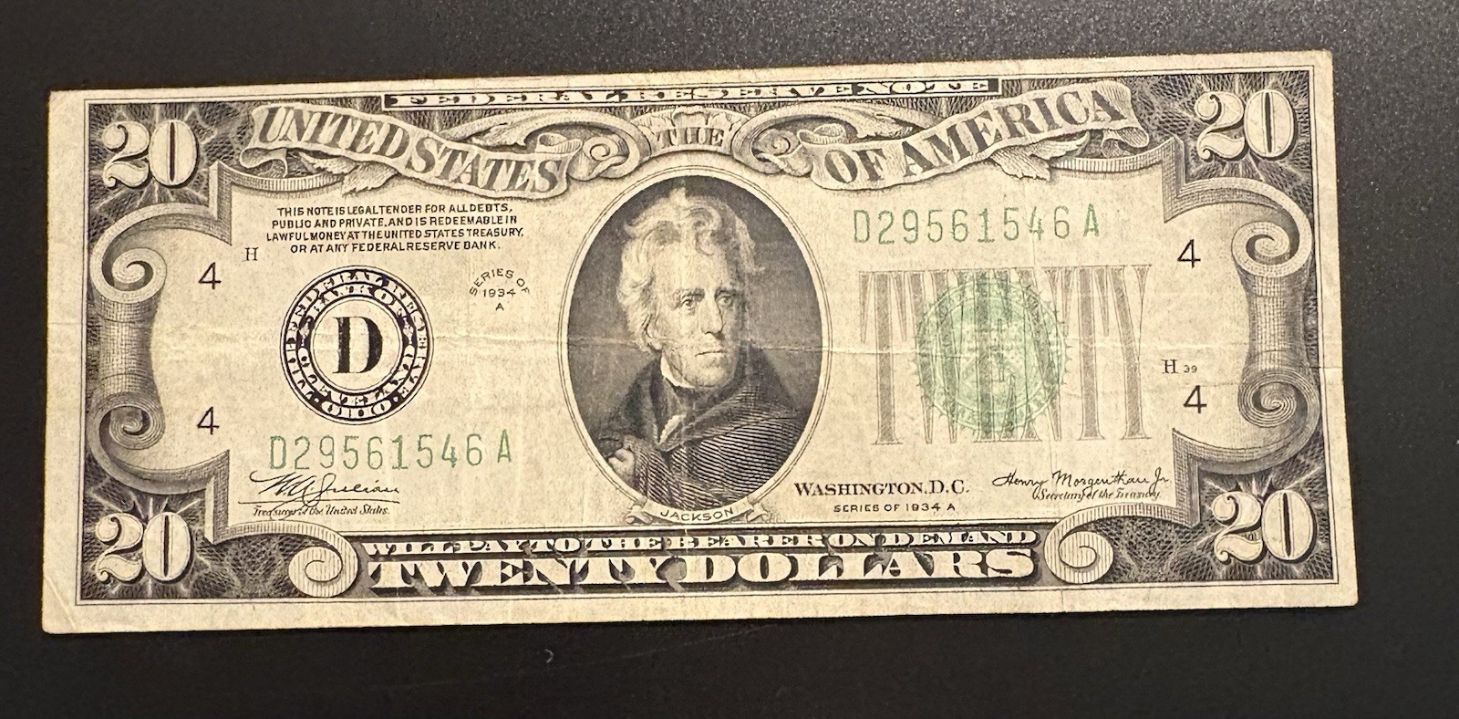 1934 $20 Dollar Bill Lime Green