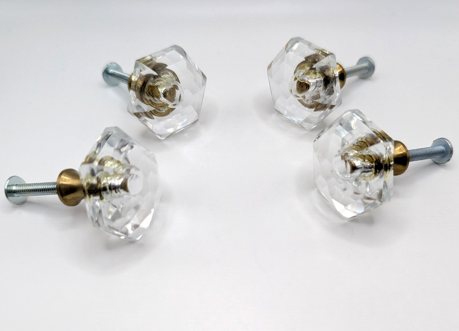Vintage Crystal Glass Polygon cabinet Pull . Set Of 4 With Screws brass collar