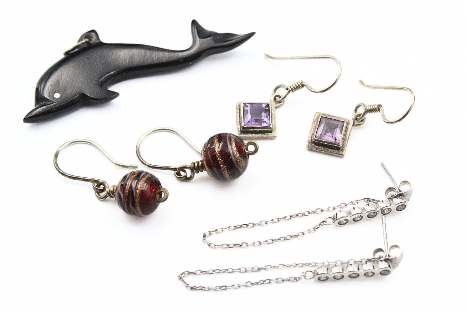 Sterling Silver Art Glass Amethyst Rhinestones Earrings Dolphin Brooch Lot