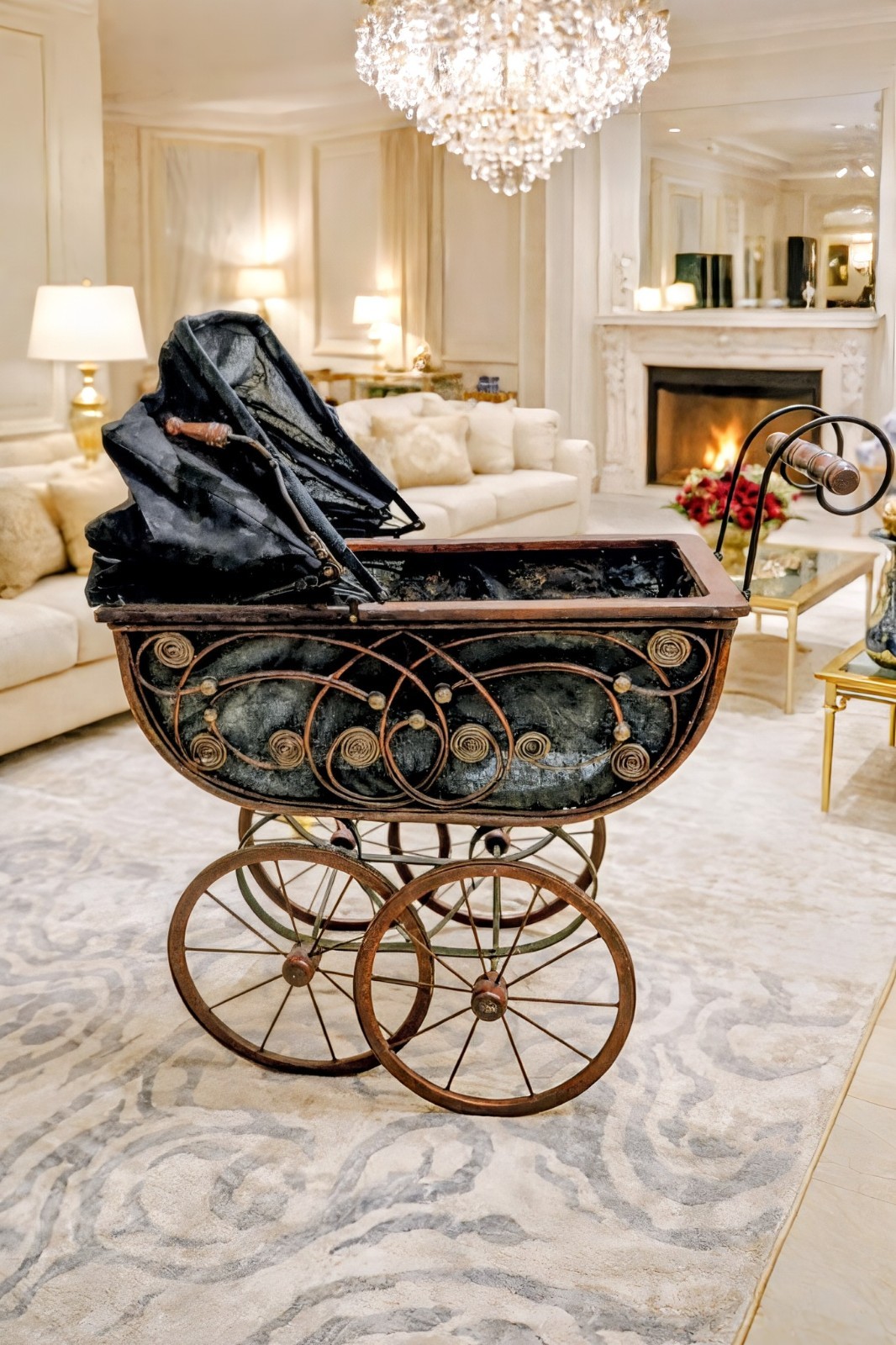 Antique Victorian Doll Baby Carriage Stroller Buggy Pram, Wood Body & Wheels