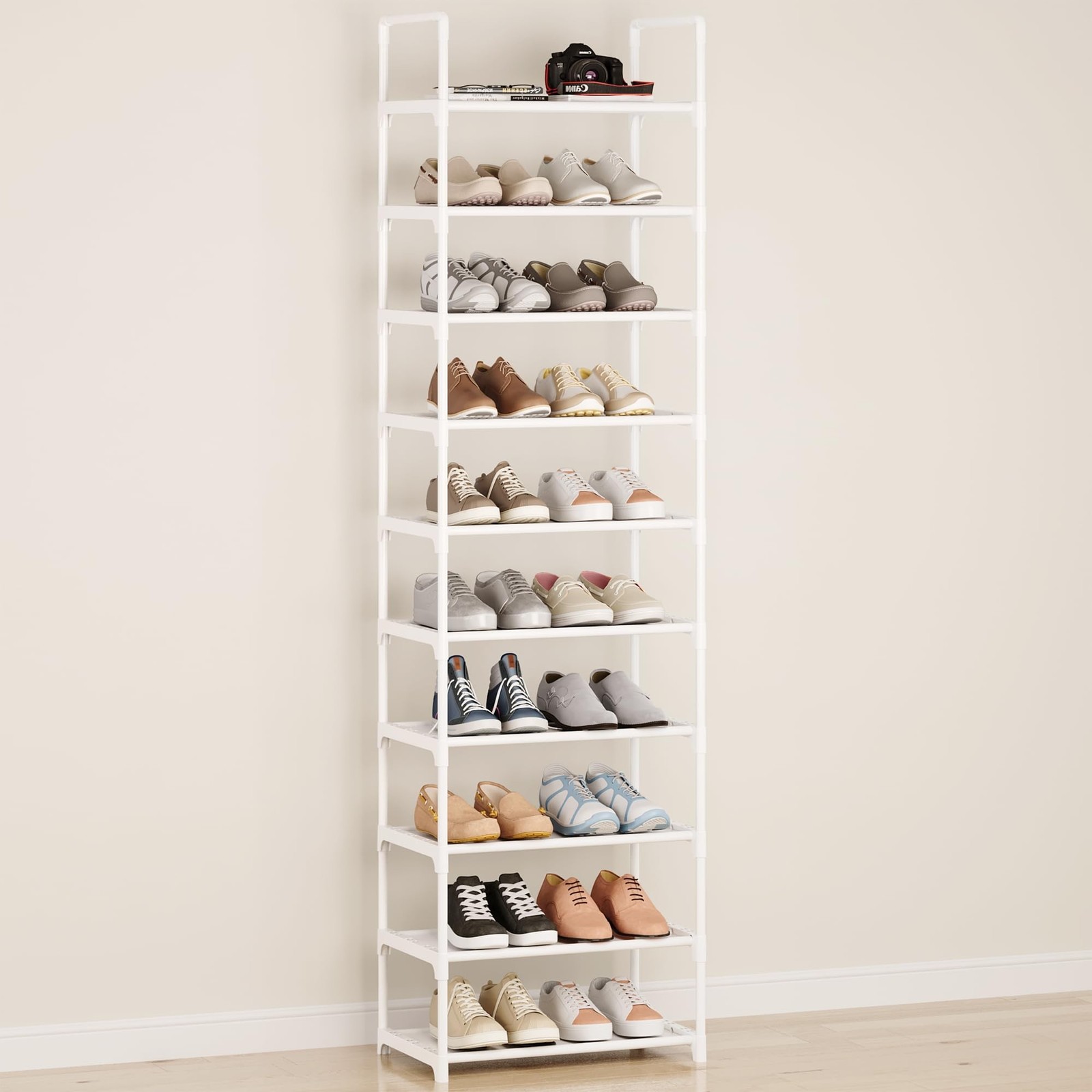 10-Tier Tall Shoe Rack, Adjustable 20-25 Pairs Shoe Shelf Storage Organizer f...