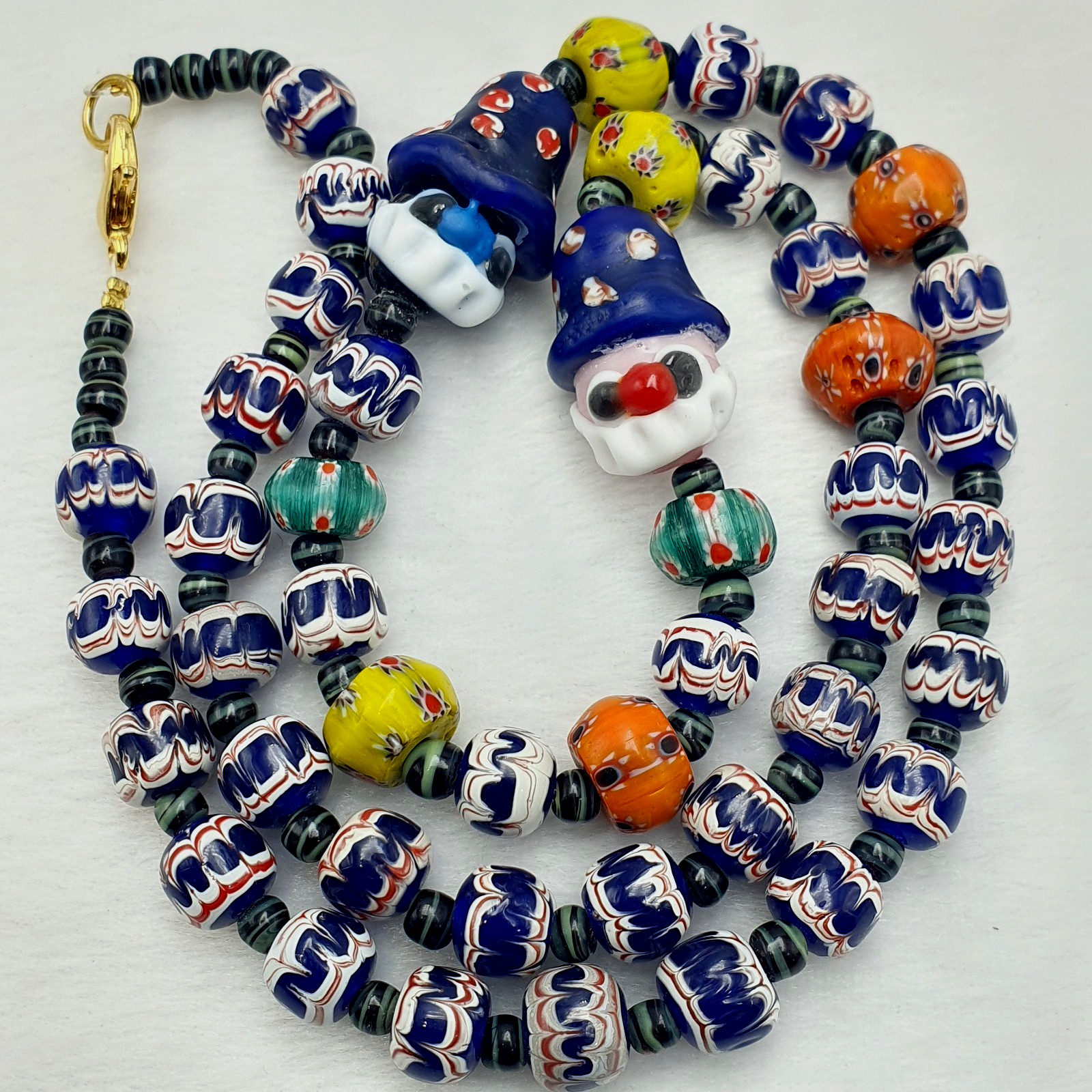Rare Venetian Style Chevron Bead Necklace with Glass Clown Face Beads