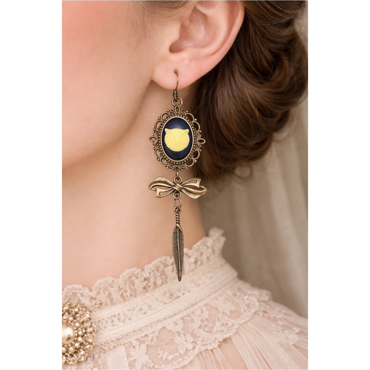 Handmade Owl Cameo Bow Feather Earrings Edwardian Boho Style