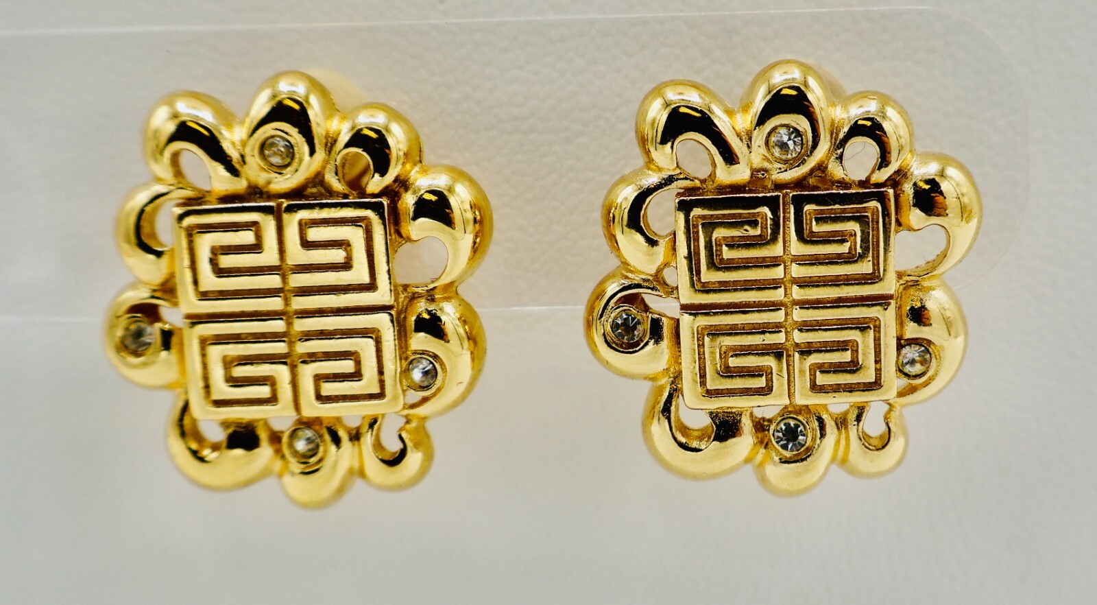 Givenchy Earrings Logo Crystal Accents Clip On Gold Plated