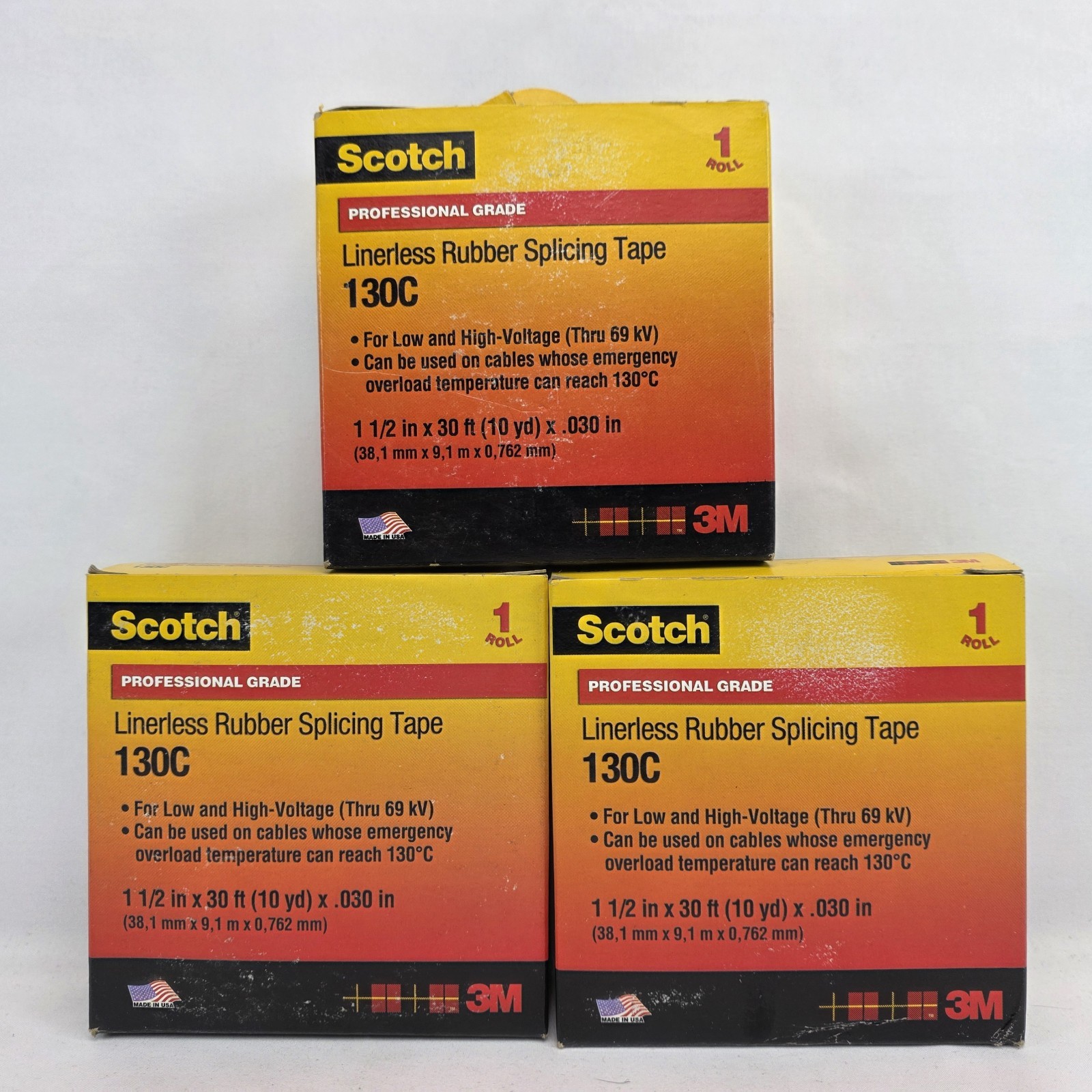 3x 3M SCOTCH 130C LINERLESS RUBBER SPLICING TAPE 1 1/2 IN x 30 FT X .030 IN