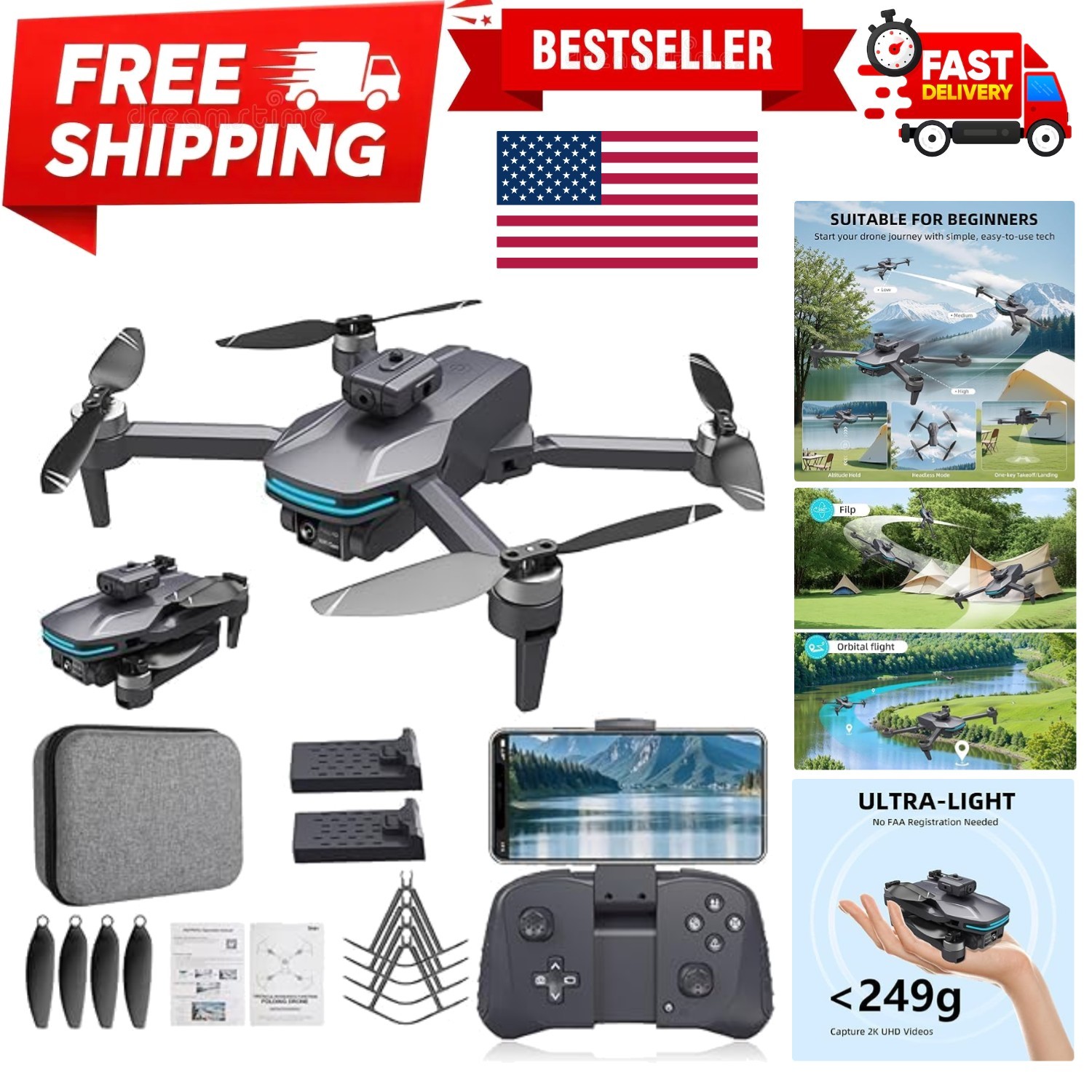 Foldable 4K Drone for Beginners with Dual Adjustable Cameras, Brushless Motor...