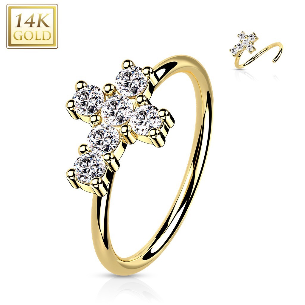 Piercing Nose Ring Yellow Gold 14K Cross Zircons White