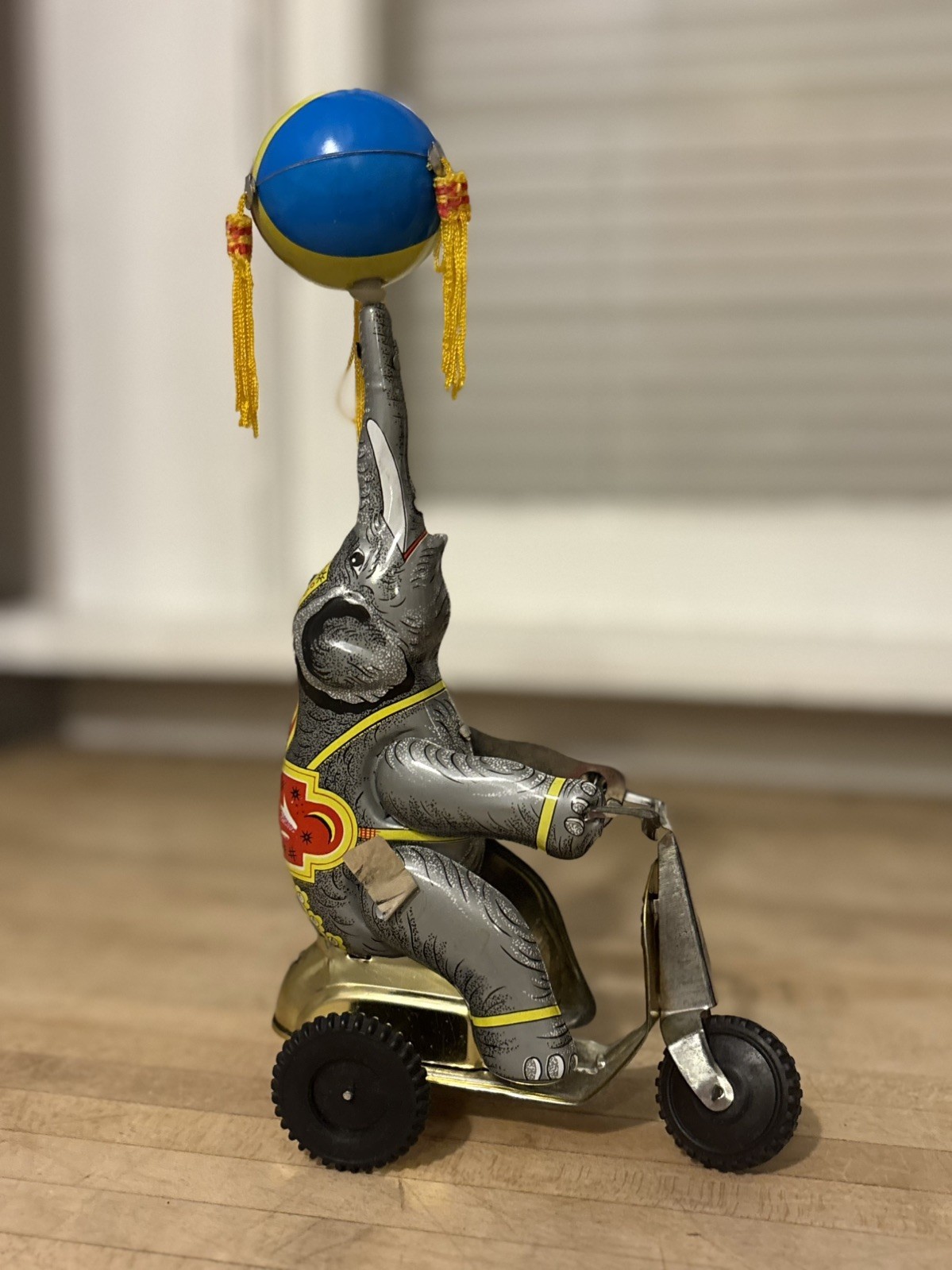 Vintage Tin Litho Wind Up Toy Circus Elephant on Bike Balancing Ball