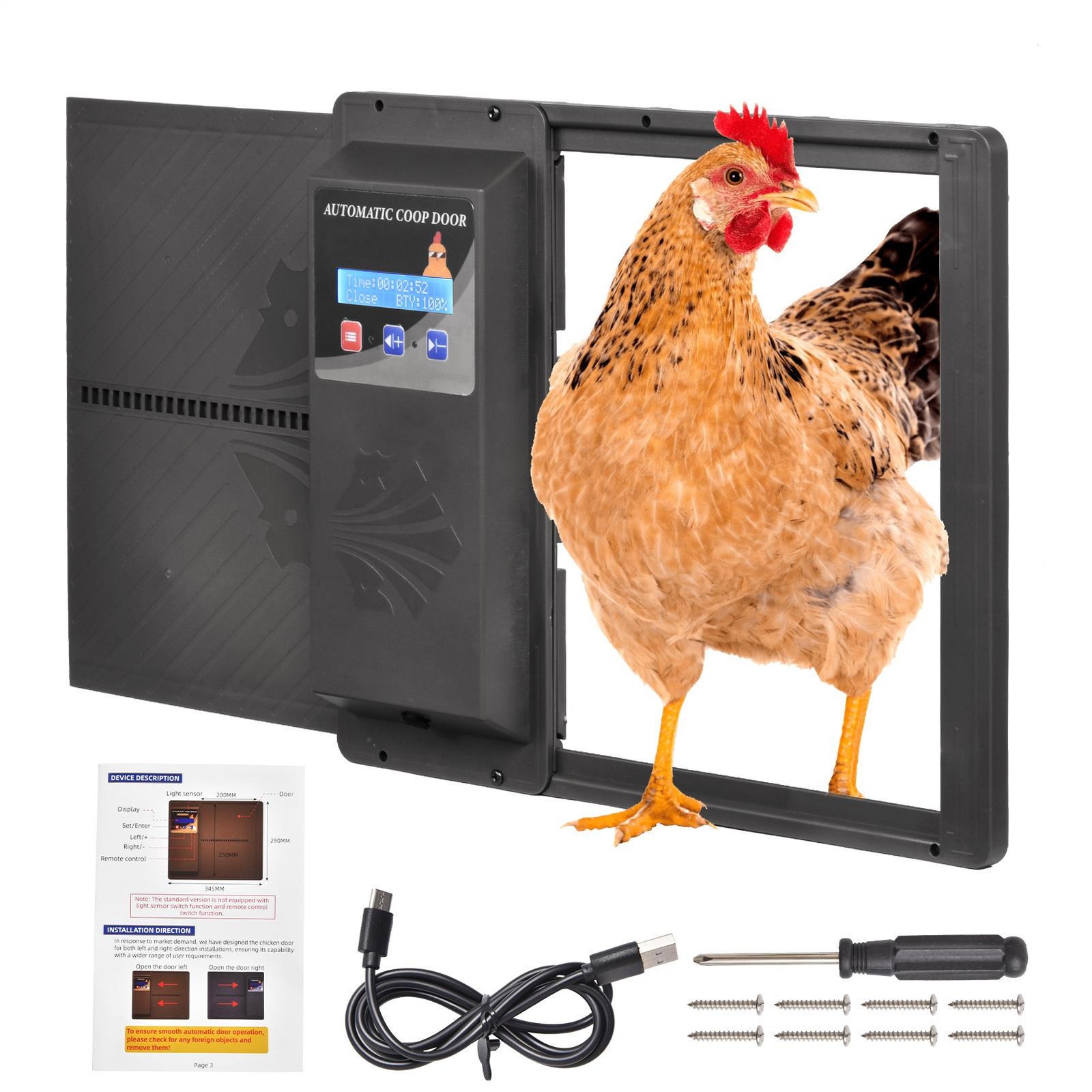 Auto Chicken Coop Door Opener Usb Charging W/Anti-Pinch Timer Function LCD Displ