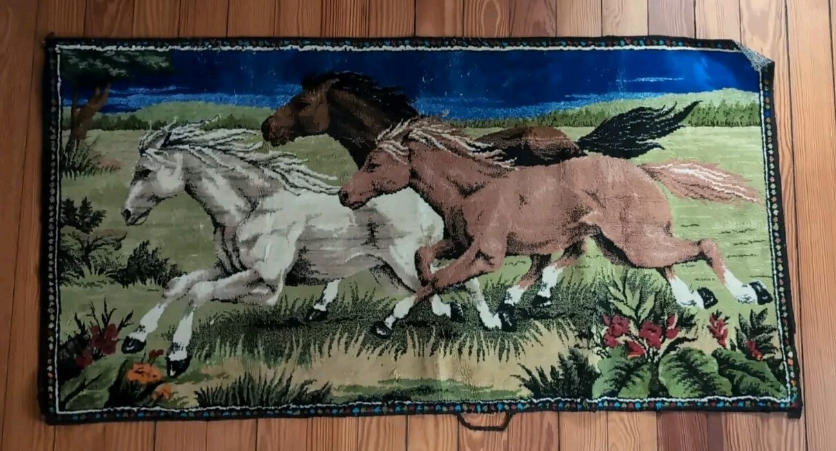 Vintage D.T.C. DTC Tapestry Horses Running made in Lebanon 39” x 20” Loose Trim