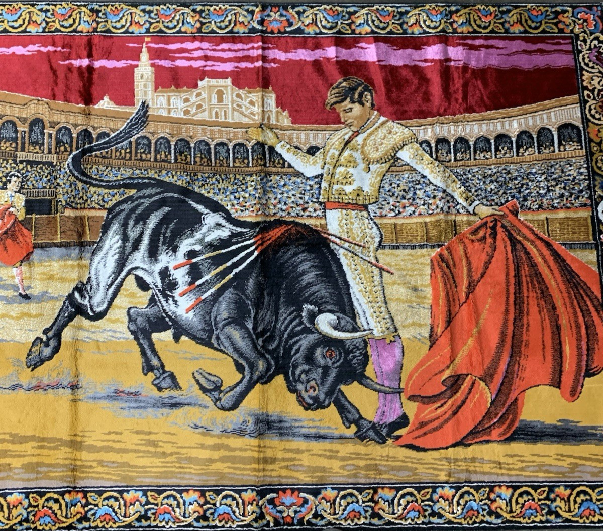 Vintage 1950s 6' X 4' Red Spanish Bullfighter Tapestry Rug Wall Hanging