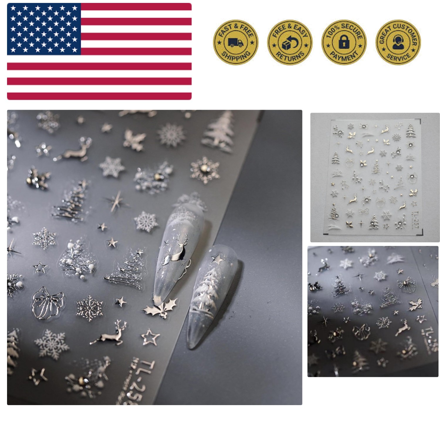 Christmas Silver Nail Stickers Snowflake Nail Art Decals 5D Embossed Self Adh...