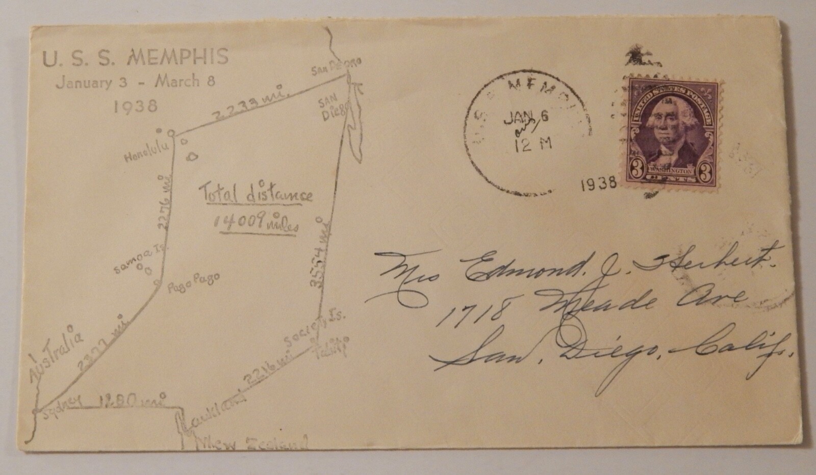 USS Memphis (CL 13) January 6 1938 "Pacific Map" cachet