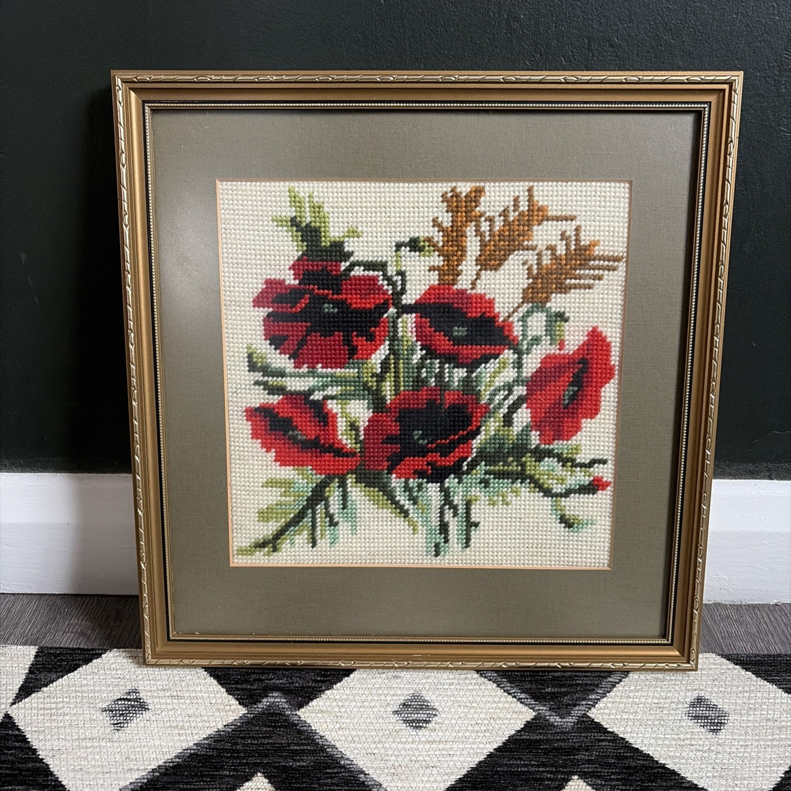 Vintage Framed Tapestry Floral Poppy Spring Cottagecore Red