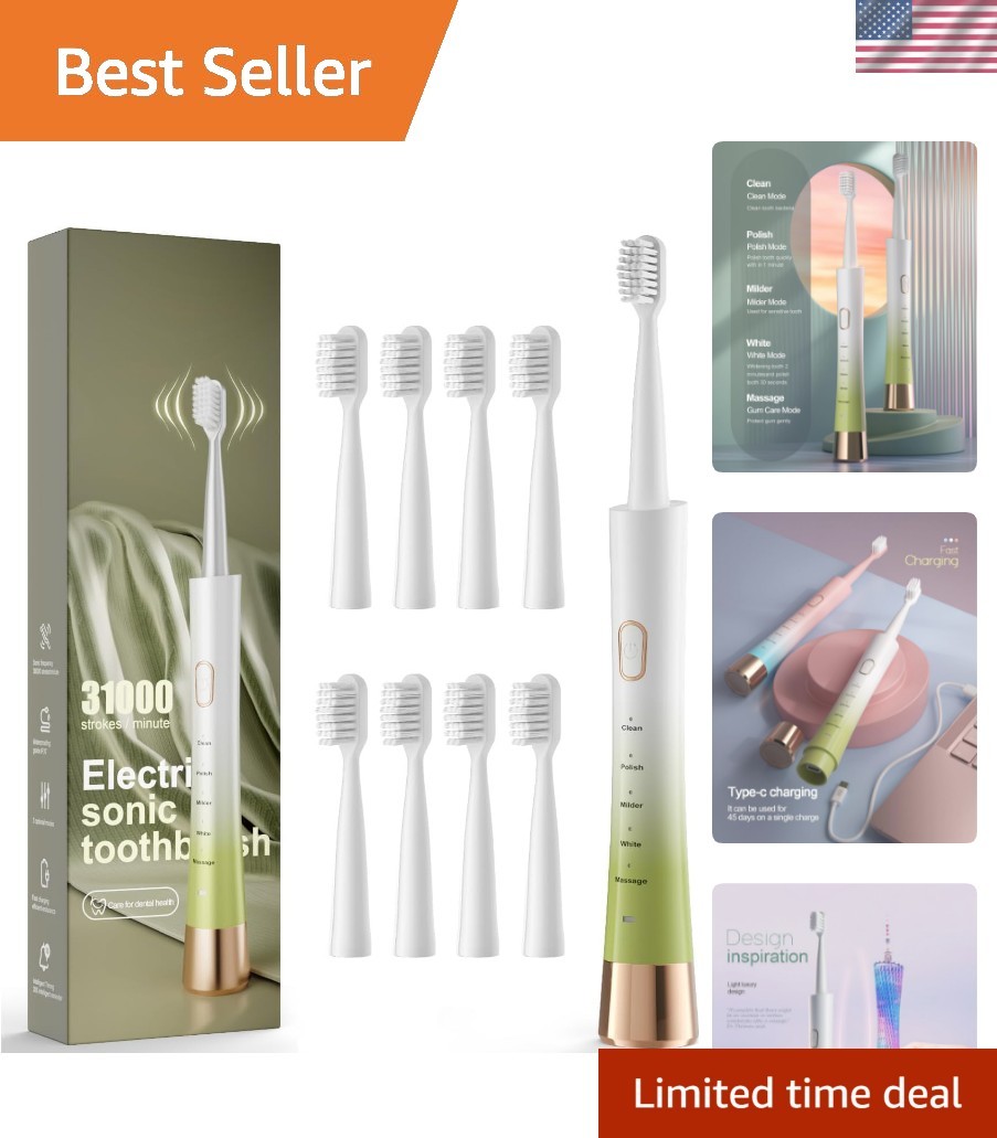 Advanced Sonic Toothbrush for Adults - 8 Soft Nylon Brush Heads & Fast Charge