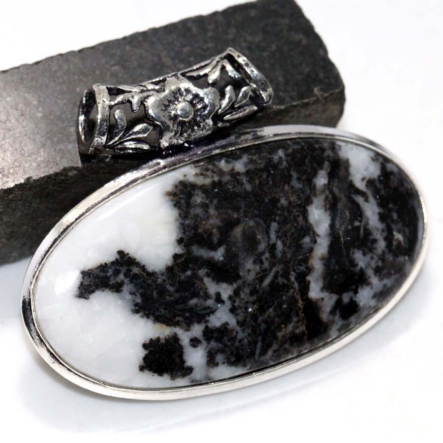 925 Silver Plated White Buffalo Turquoise Chunky Pendant Size 1.5" MJ