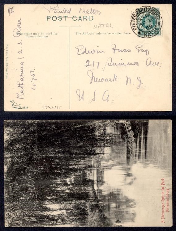 NATAL 1909 PIETERMARITZBURG PPC TO USA