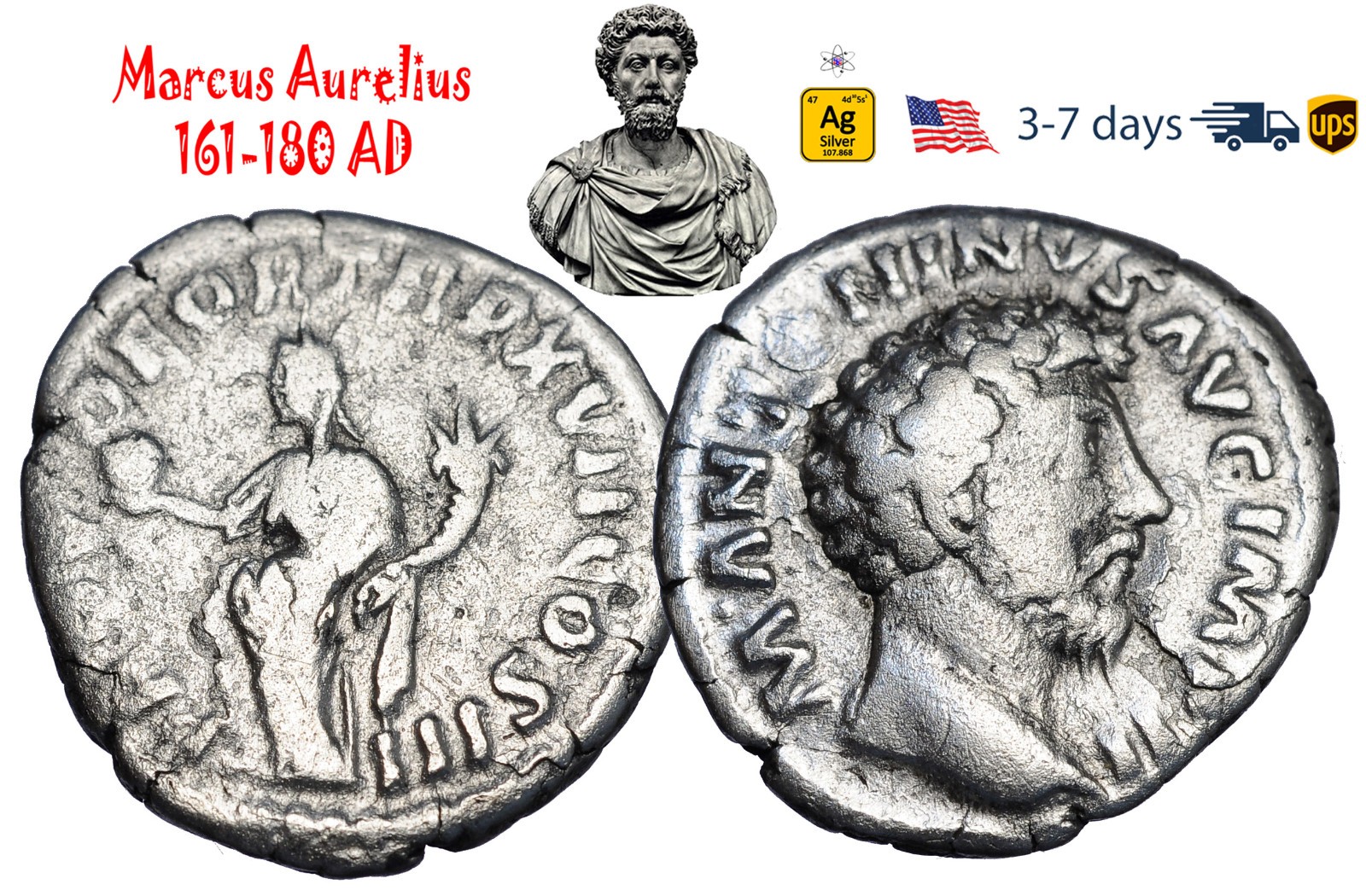 Ancient Roman Empire Coin Silver Denarius Marcus Aurelius 161 180 AD #33572