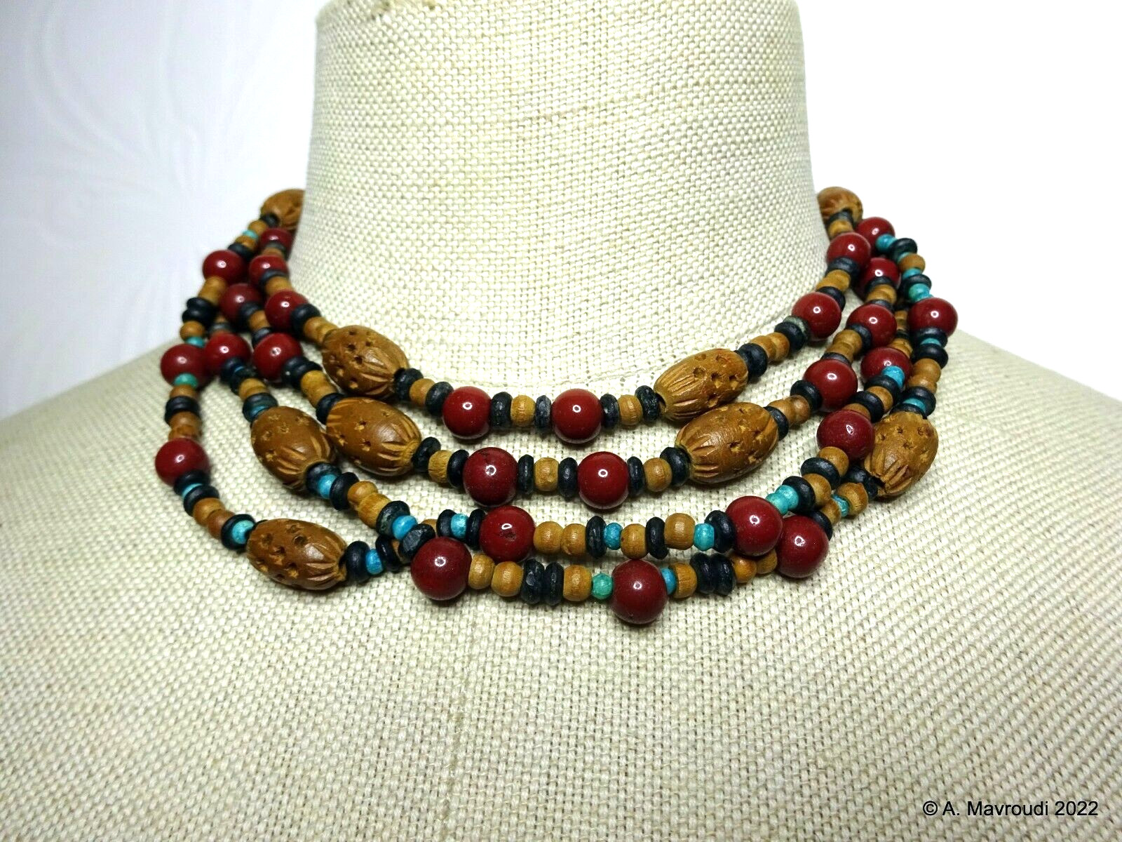 Tribal Seed Necklace Africa Vintage Long Carved Clay Beads Collectable