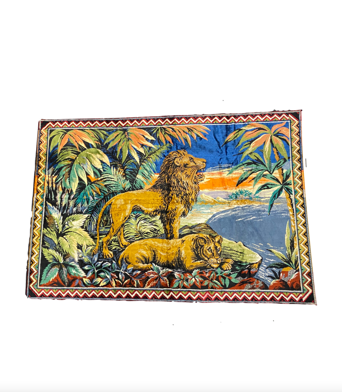 Vintage Antique Handwoven African Lion Lionness Hanging Wall Tapestry 47"x69"