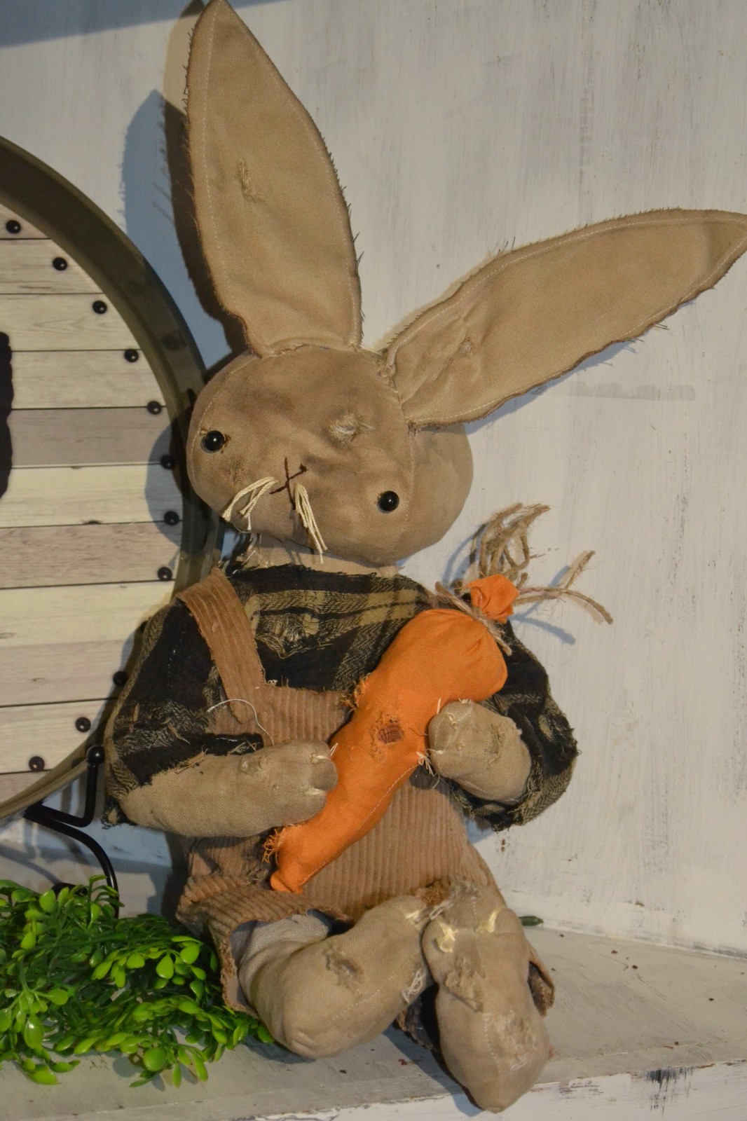 PRIMITIVE RAG STUFFED COFFEE STAINED BUNNY RABBIT DOLL~TORN&TATTERED~DECOR