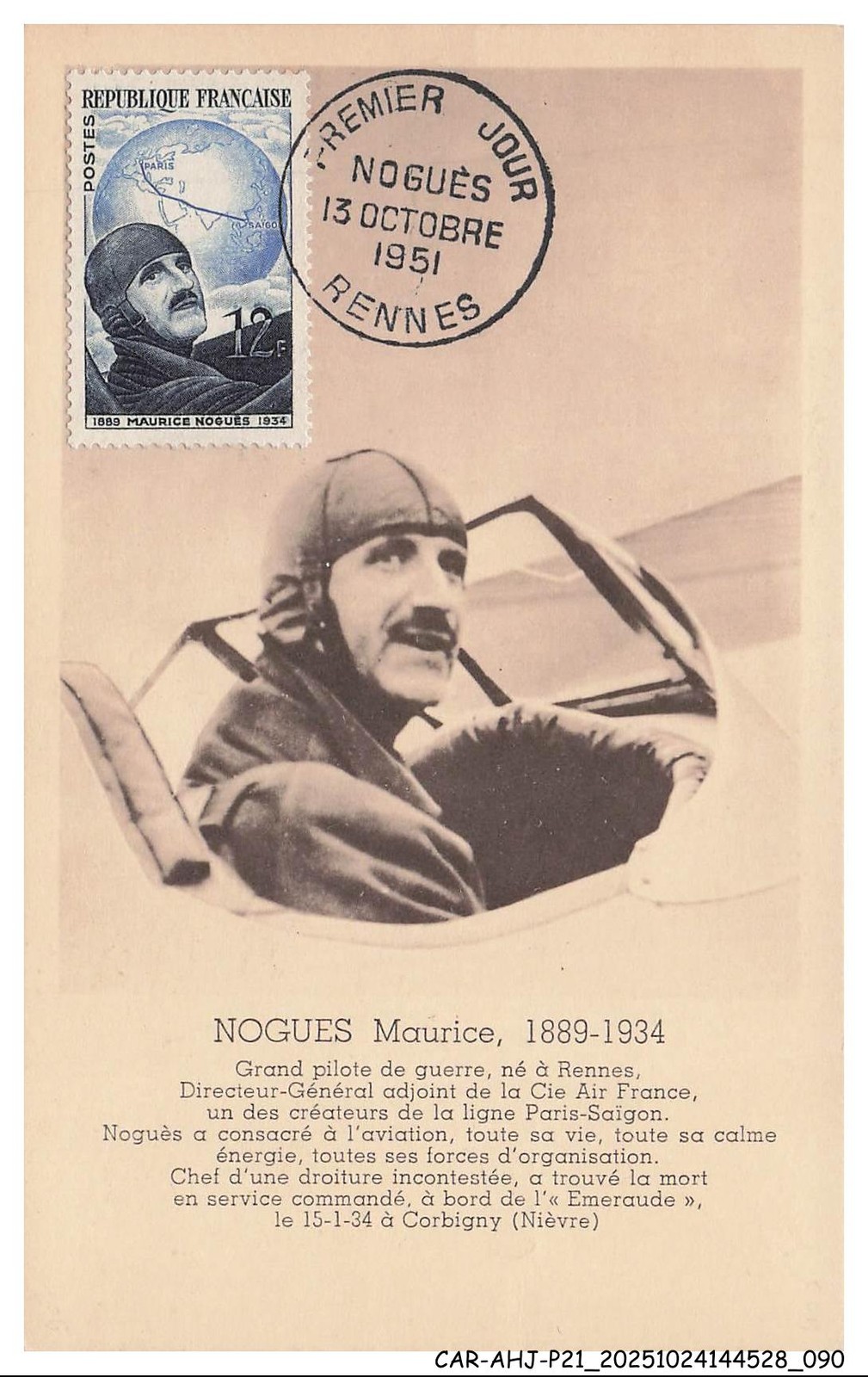 CAR-AHJP21-1098-CARD-MAXIMUN - Nogues Maurice - Grand War Pilot - 1951
