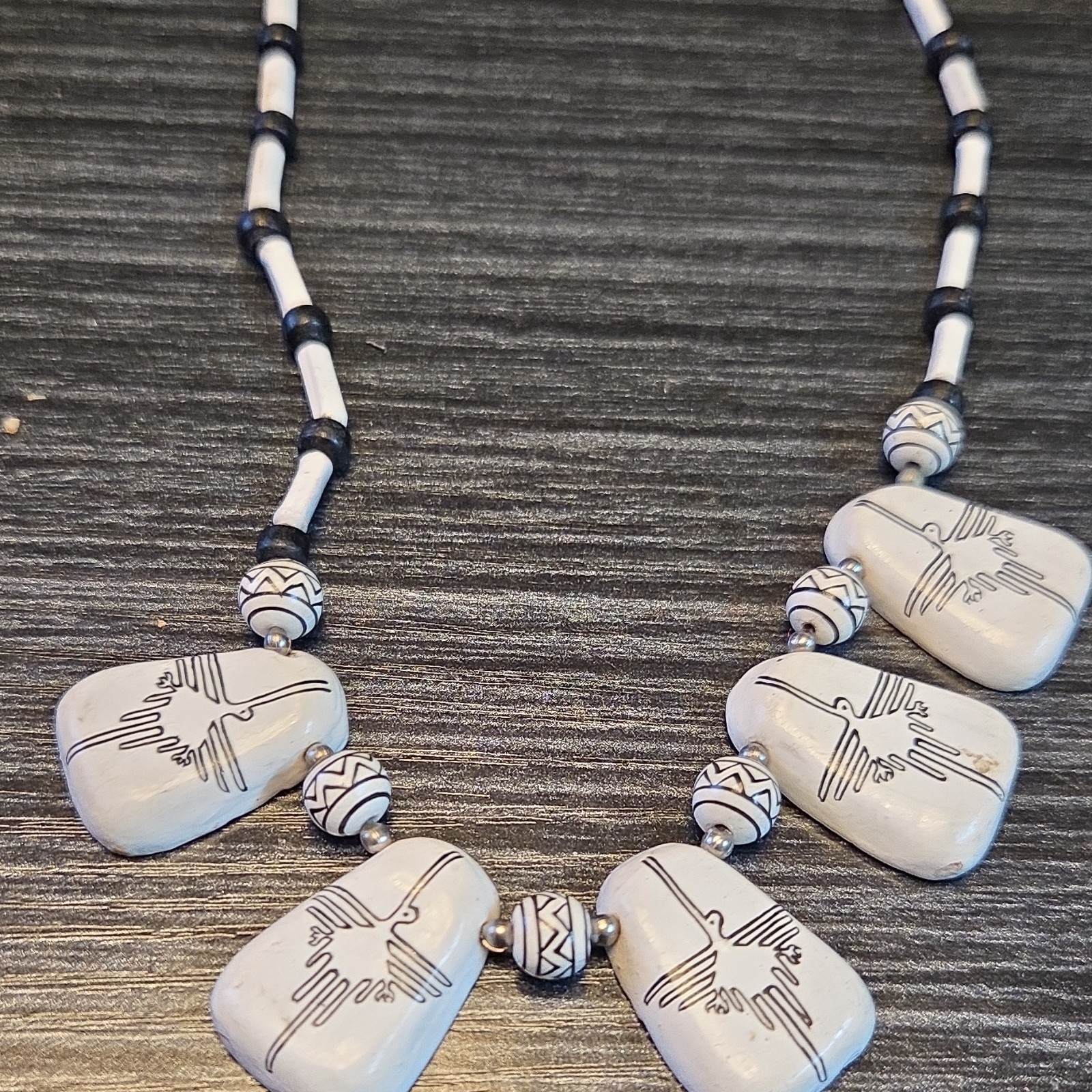 Handmade Ethnic Native American Style Clay Beaded Pendant Necklace Black White