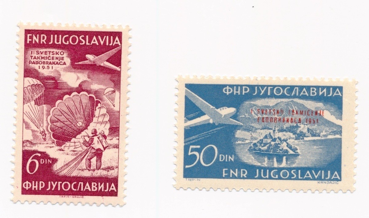 YUGOSLAVIA stamps 6 and 10 Dinara 1951 Parachuting MNH SCARCE !!! CV $100