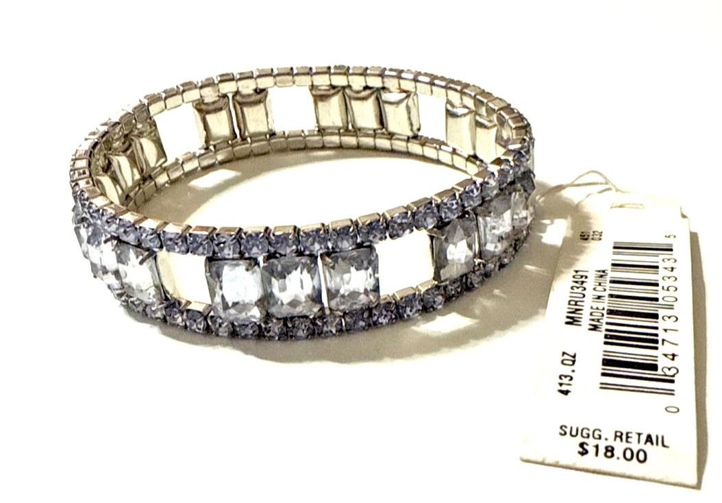 NWT MONET Blue Rhinestone Bracelet Silver Tone Stretch Statement 7.5" New