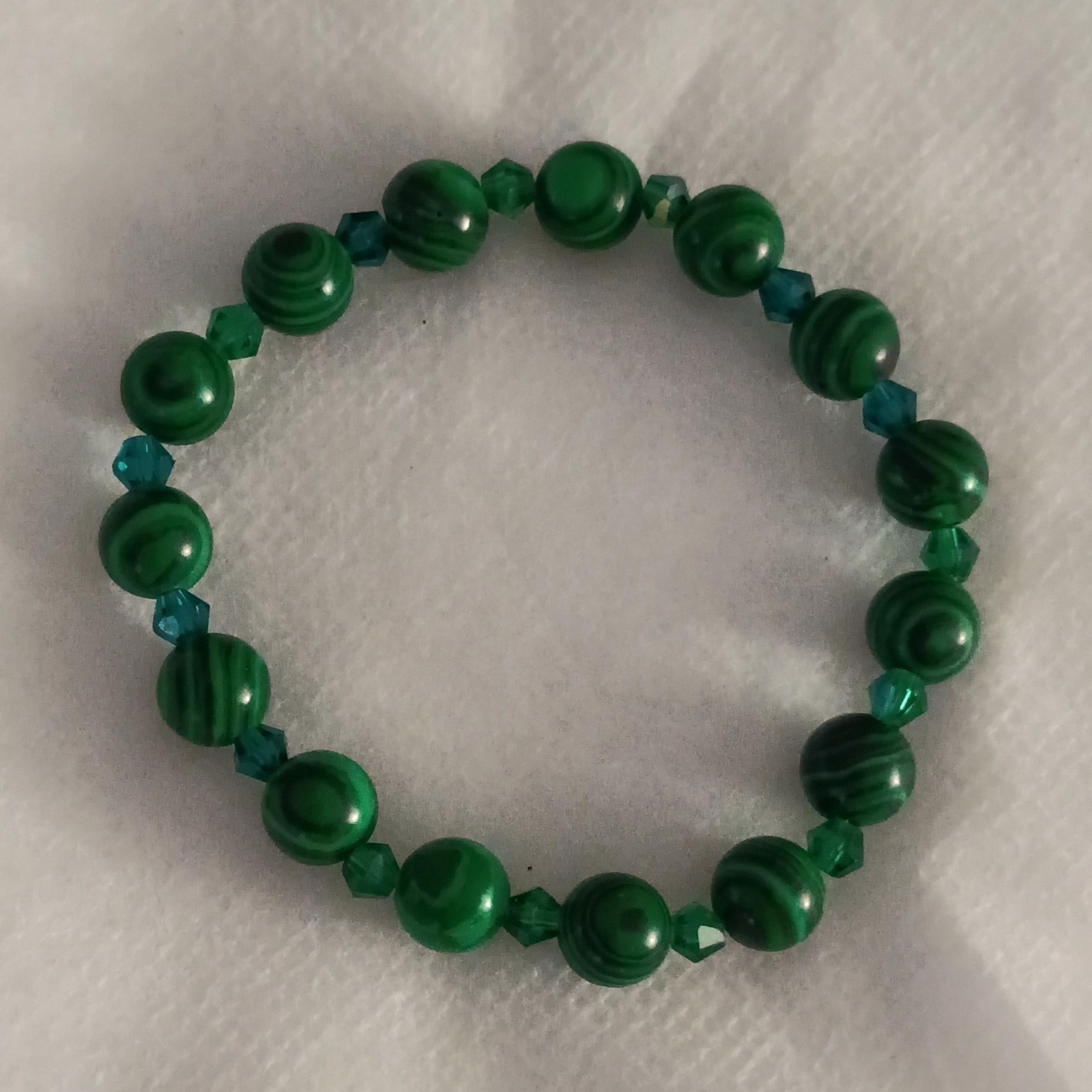 Handcrafted Beaded Bracelet, Green Malachite & Blue Glass Beads, Stretchable
