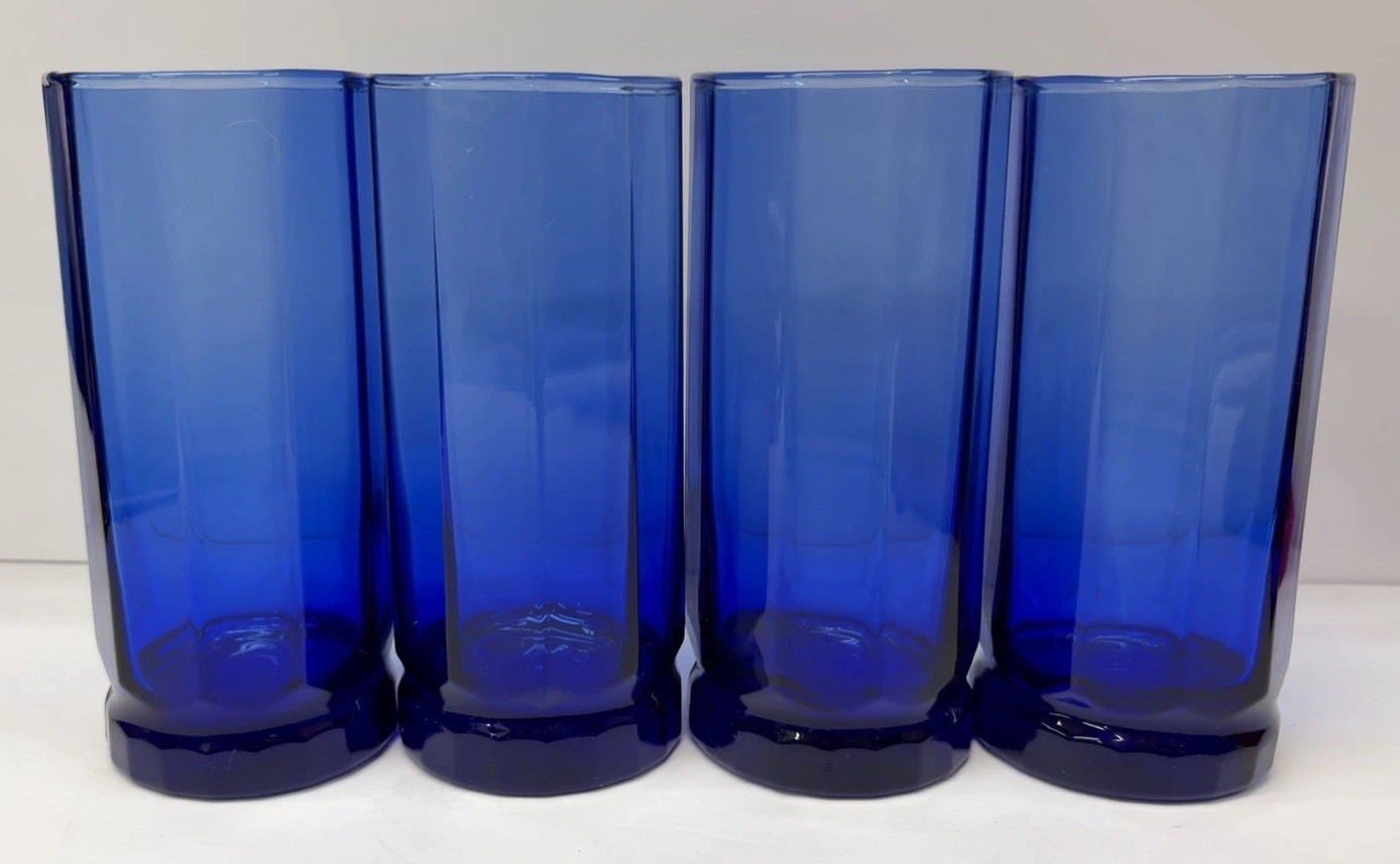 Vtg Anchor Hocking Cobalt Blue 10 Panel Essex Tall 16 Oz Tumbler Glasses Set 4