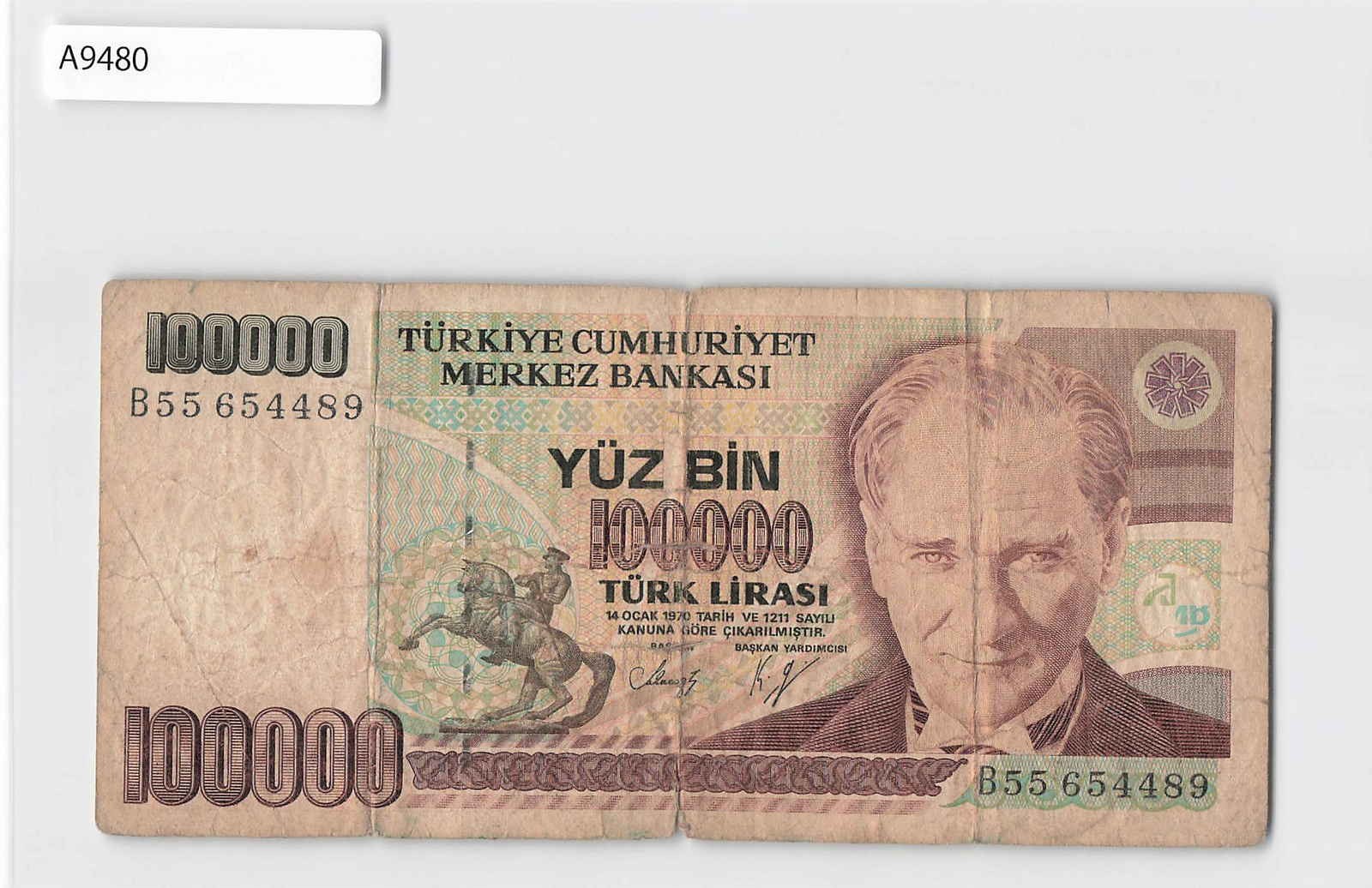 *Turkey Banknote  100000 Lira  , Curency Paper Money[A9480]8d3