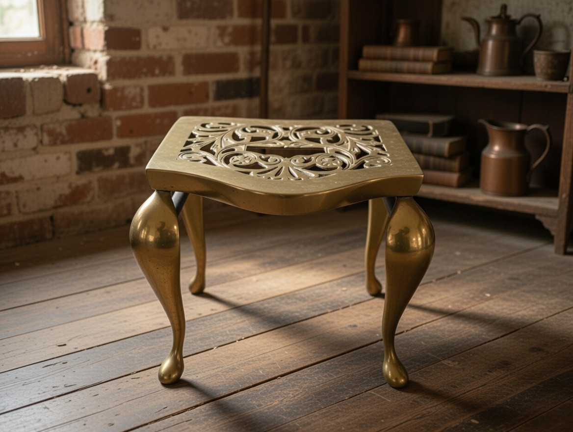 Vintage Ornate Brass Footman Footstool Pierced Top Cabriole Legs Heavy Fireplace