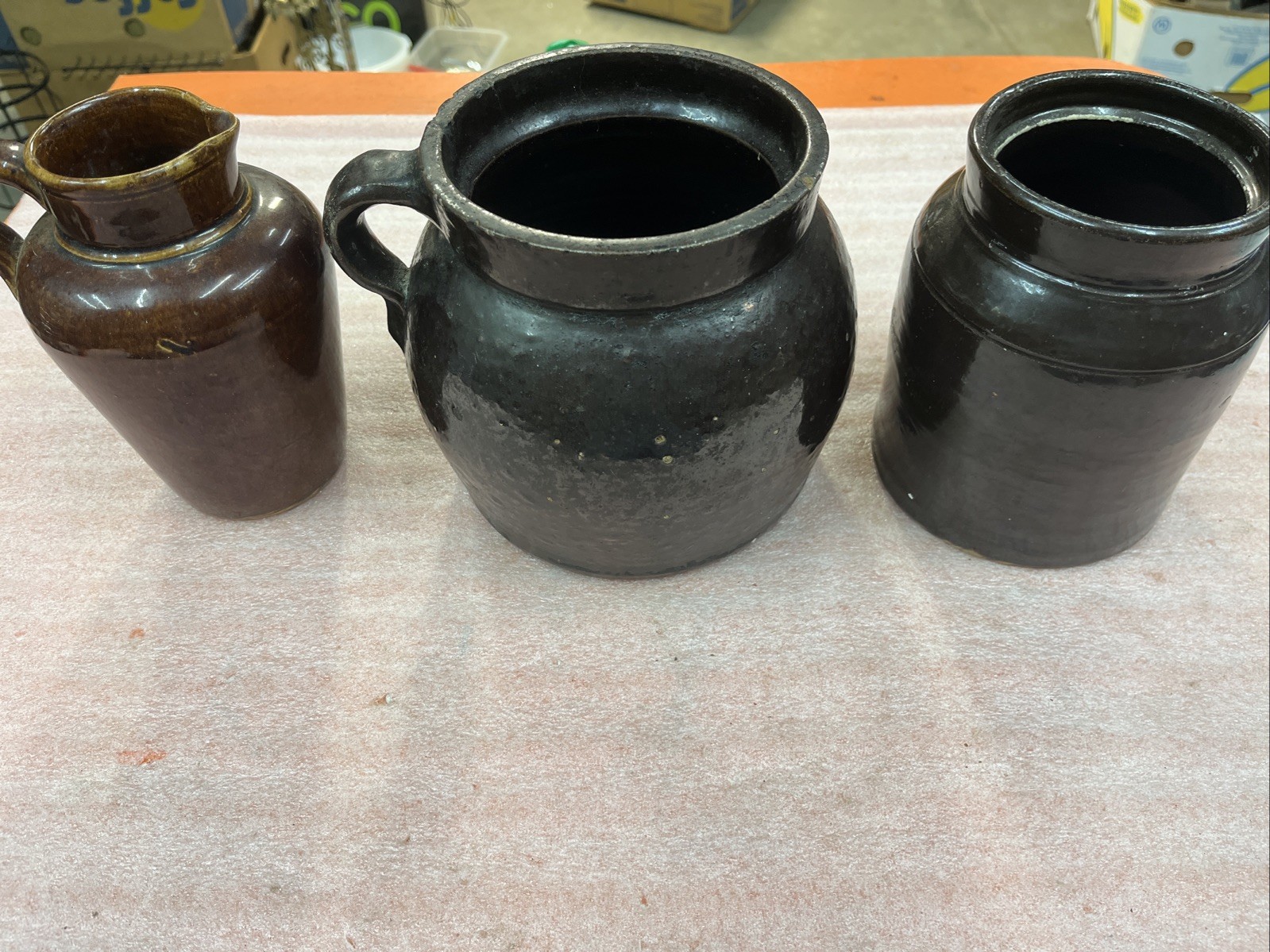Vintage Brown Bean Pot, Pitcher And Jar Unmarked