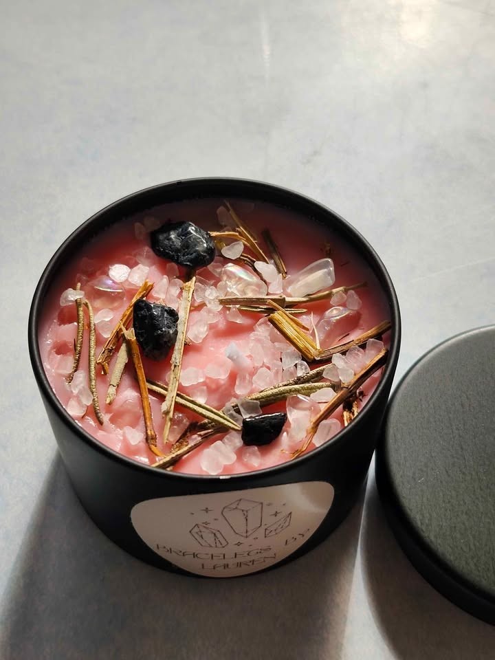 Candy Cane scented soy candle with Gemstones and Herbs