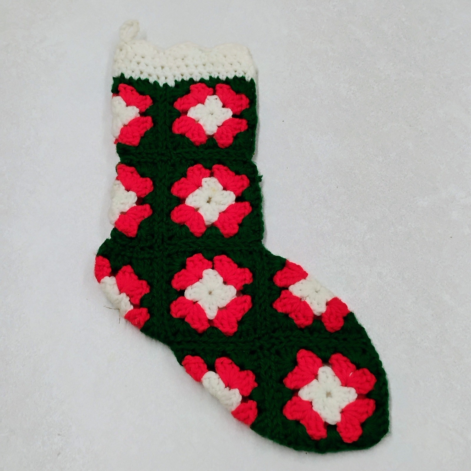Handmade Granny Square Crochet Christmas Stocking Green Red White Holiday Decor