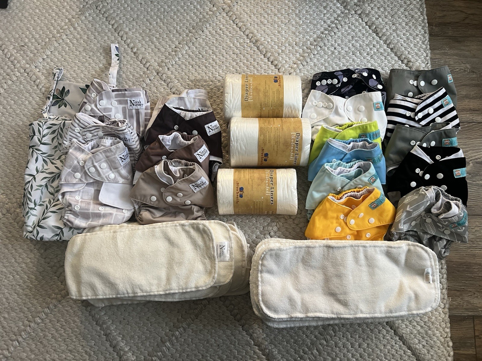 Large lot of Baby cloth diapers/inserts: Nora’s Nursey, Alva Baby