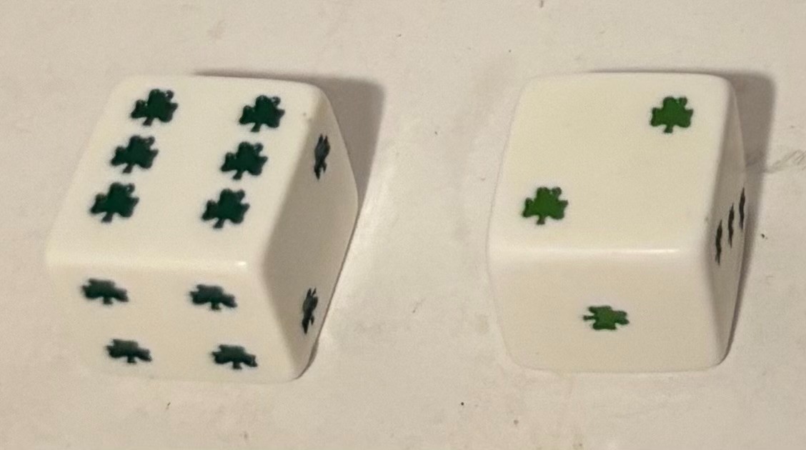 1" HUGE WHITE WITH GREEN SHAMROCKS OPAQUE DICE PAIR