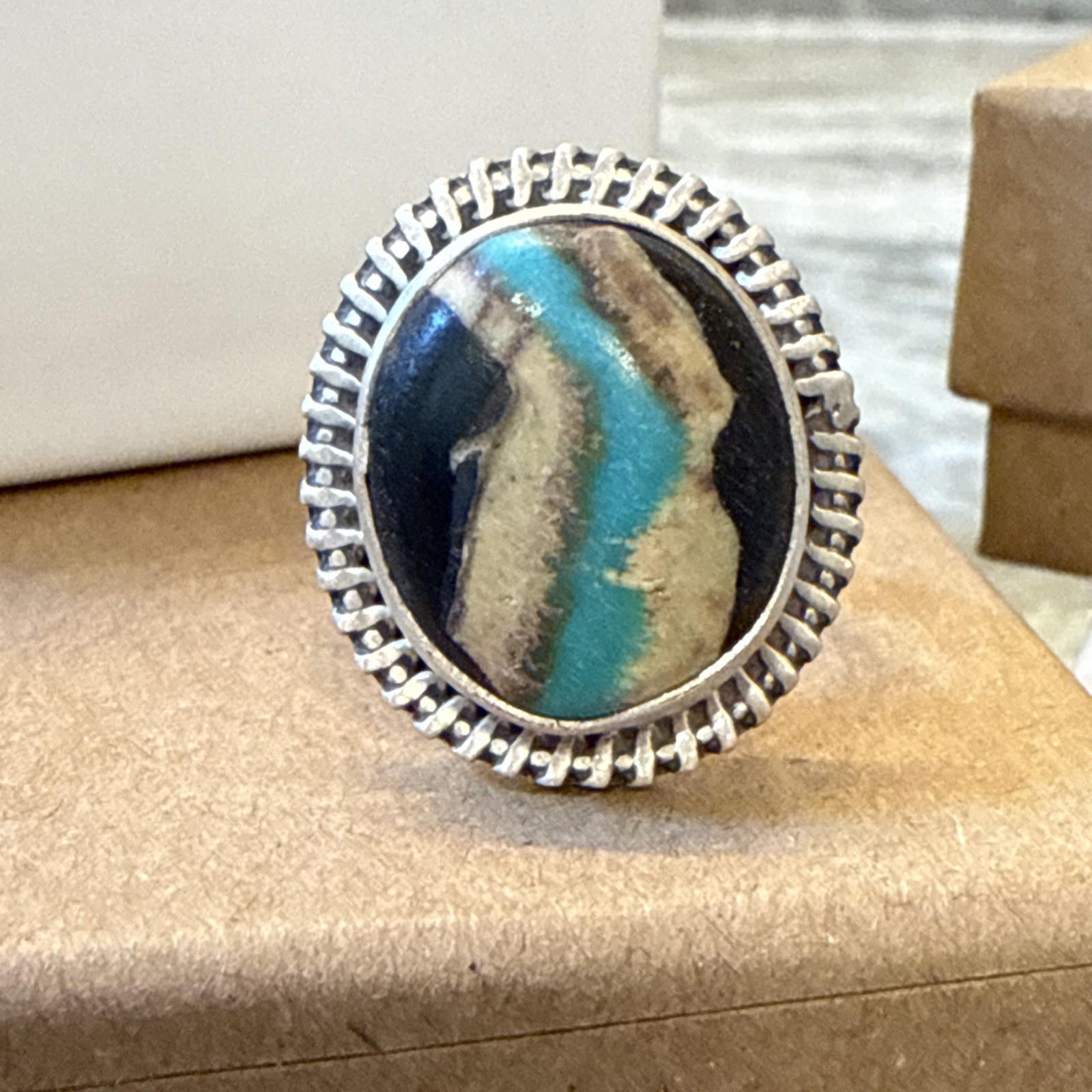 BLACK JACK TURQUOISE Ring Navajo Southwestern Matte Sterling Silver Adjustable