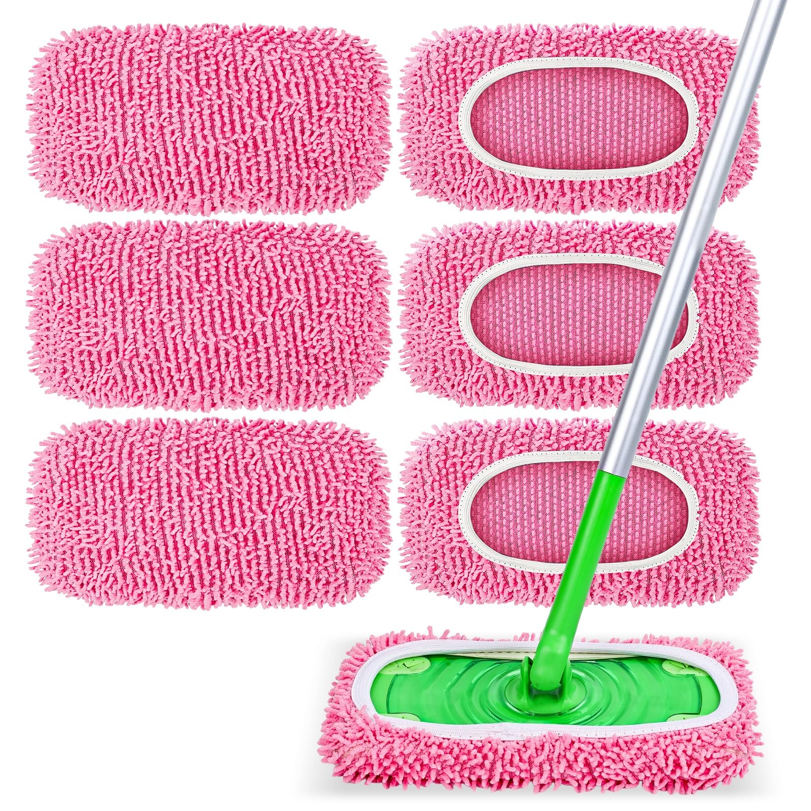 6 Pack Reusable Mop Pads Compatible with Swiffer Sweeper, 6 PACK, Pink 