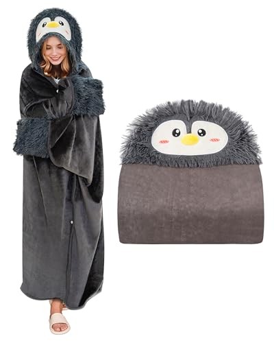 Wearable Hooded Blanket for Adults Soft Warm Cozy Plush Flannel Throw & Penguin