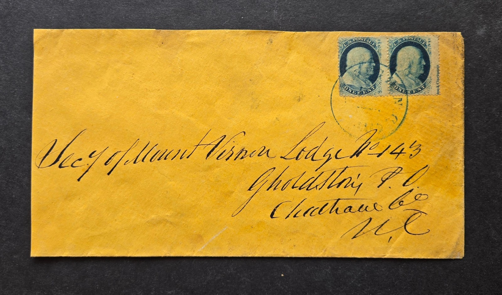U.S. early cover, Sc # 24 pair, margin copy w/ imprint, lot # B8821