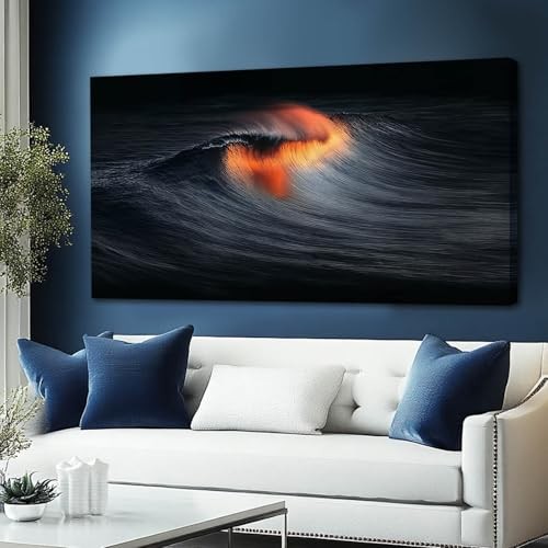 YETHEN WAL Abstract Wave Wall Art, Black Orange Ocean Canvas 40"L x 20"W