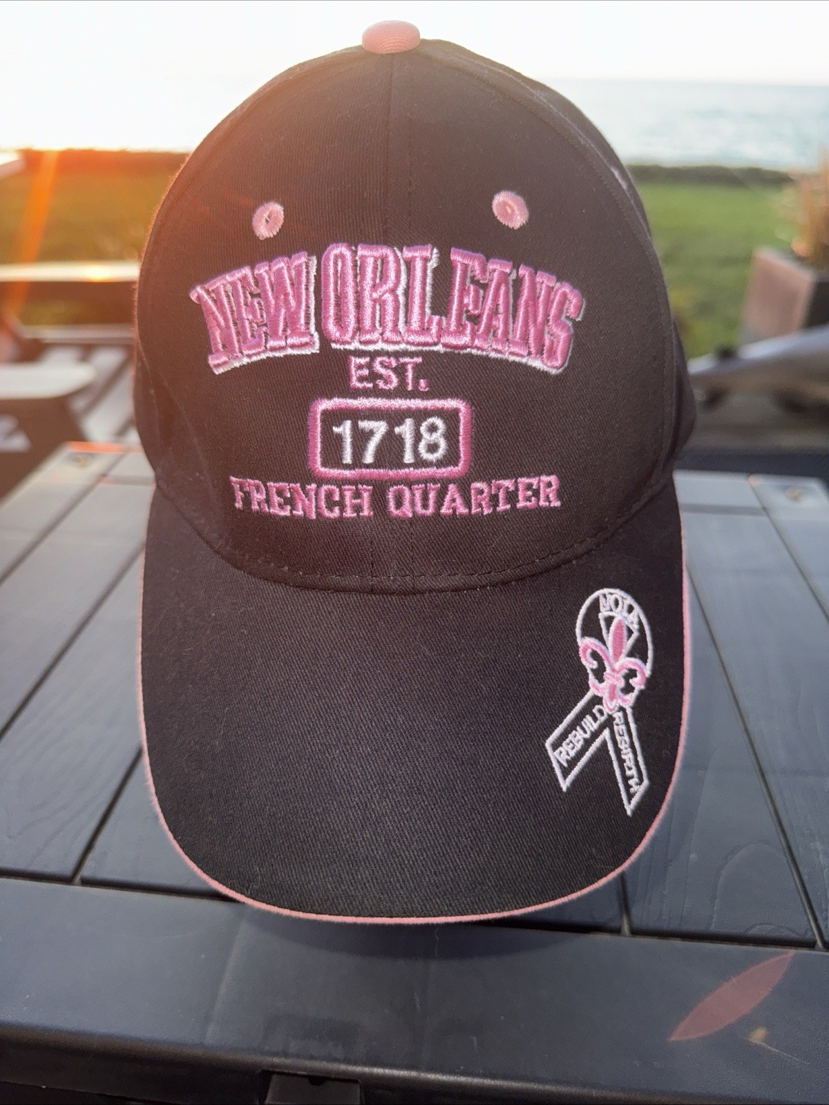 New Orleans EST 1718 French Quarter in Pink White on Black Hat Cap NOIA HookLoop