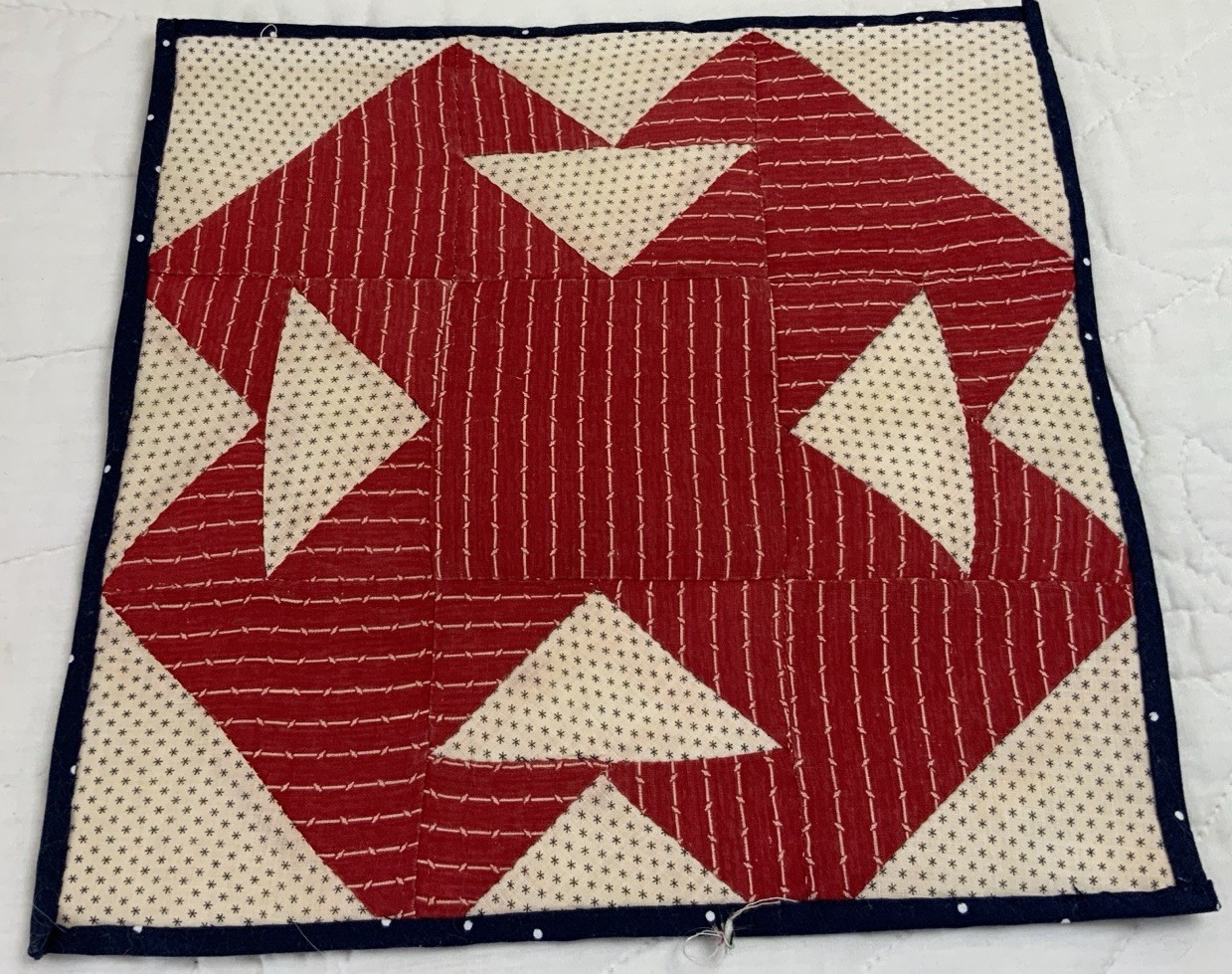 Antique Patchwork Quilt Table Topper, Early Calicos, Florals, T’s, Red, White