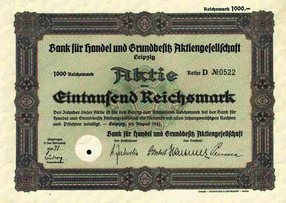 Bank für Handel & Grundbesitz AG 1941 Leipzig Sachsen 1000 RM Hypothekenverein #
