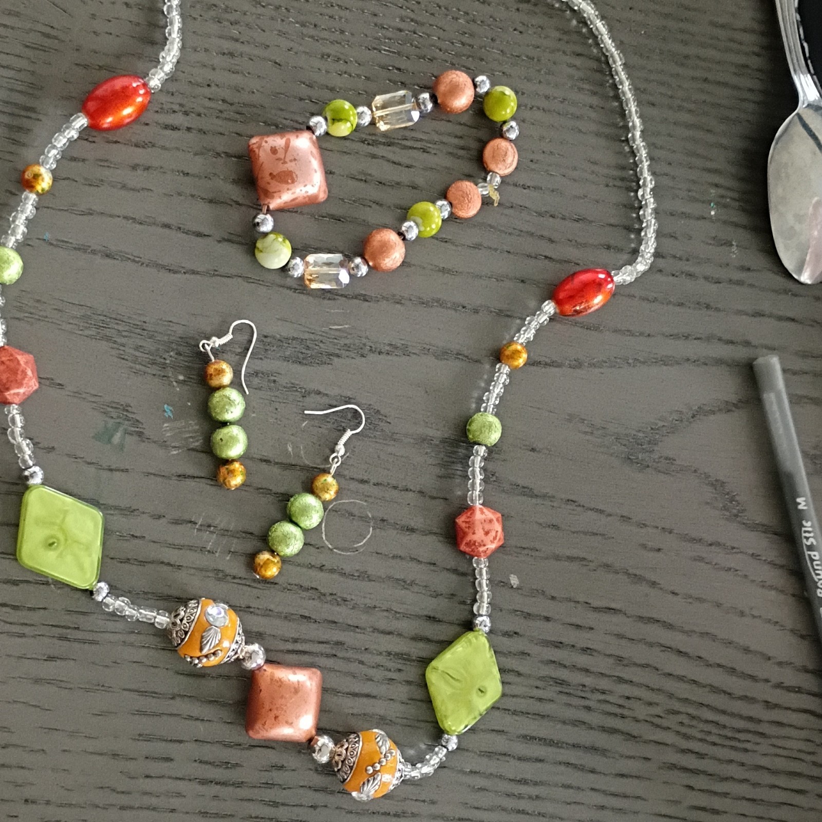 Handcrafted Multicolor Glass Bead Jewelry Set Necklace Bracelet Earrings